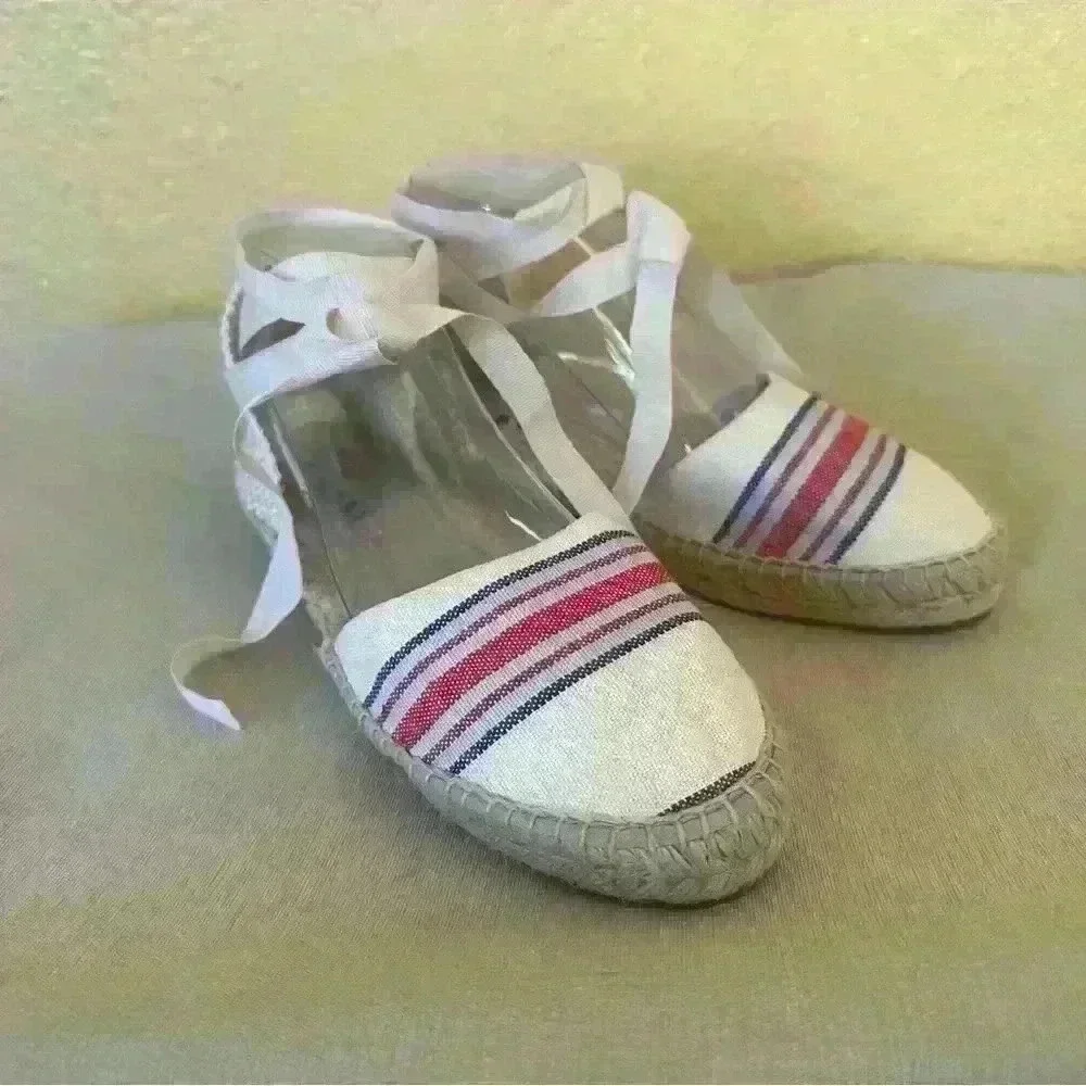 Manebi Hamptons Striped Canvas Espadrilles With Ankle Ties In Tan Size 39/9 NWOT
